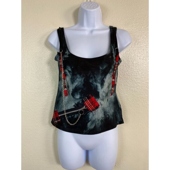 Soye Tie Dye Tank Top Size Medium Red Plaid Chain Accents Grunge Goth Punk Emo - Picture 1 of 16